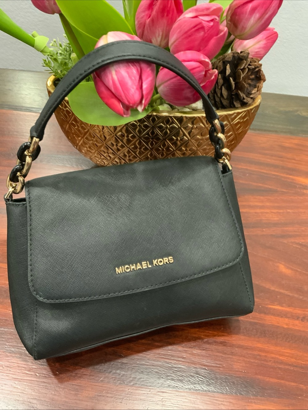 MICHAEL KORS Black Mini Top-Handle Satchel with Gold Hardware